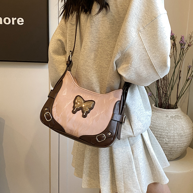 Retro Butterfly Color-Blocking Motorcycle Underarm Bag for Women - 2024 American Sweet Cool Spicy Girl Shoulder Crossbody Bag