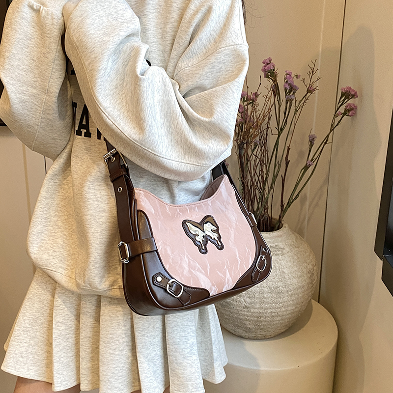 Retro Butterfly Color-Blocking Motorcycle Underarm Bag for Women - 2024 American Sweet Cool Spicy Girl Shoulder Crossbody Bag