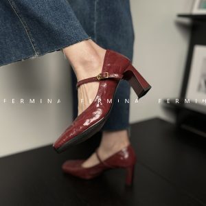 Retro Cherry Red Mary Jane Shoes for Women - 2024 New Style Square-Toe Chunky Heels, Vintage Inspired Fashion Footwear