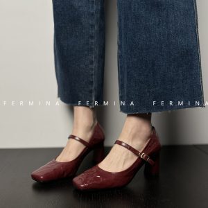 Retro Cherry Red Mary Jane Shoes for Women - 2024 New Style Square-Toe Chunky Heels, Vintage Inspired Fashion Footwear