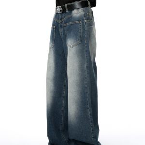 Retro Cleanfit Washed Front Pocket Denim Pants for Men, Loose Straight Wide-Leg Trousers, Y2K Style, Casual Streetwear