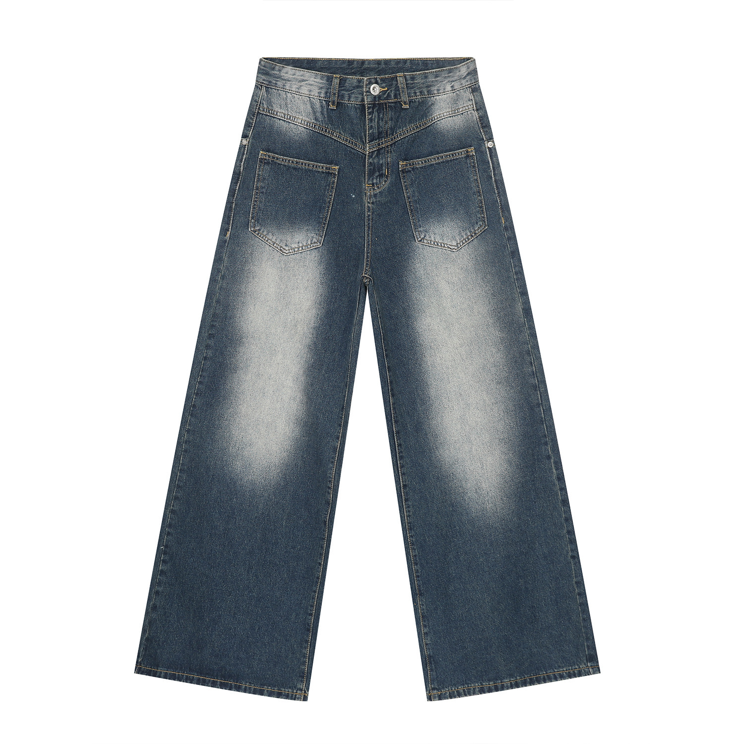 Retro Cleanfit Washed Front Pocket Denim Pants for Men, Loose Straight Wide-Leg Trousers, Y2K Style, Casual Streetwear