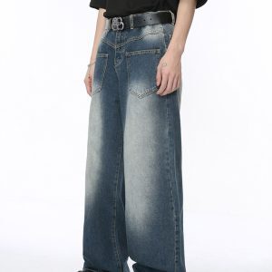 Retro Cleanfit Washed Front Pocket Denim Pants for Men, Loose Straight Wide-Leg Trousers, Y2K Style, Casual Streetwear