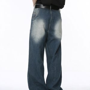 Retro Cleanfit Washed Front Pocket Denim Pants for Men, Loose Straight Wide-Leg Trousers, Y2K Style, Casual Streetwear