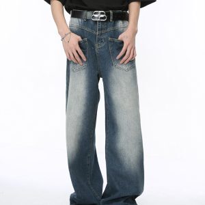 Retro Cleanfit Washed Front Pocket Denim Pants for Men, Loose Straight Wide-Leg Trousers, Y2K Style, Casual Streetwear