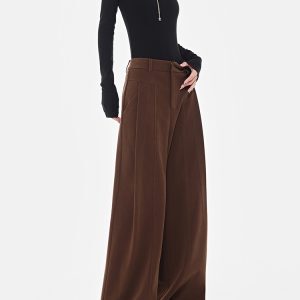 Retro Coffee-Colored High-Waisted Wide-Leg Suit Pants for Women - Thick Winter Slim-Fit Floor-Length Trousers