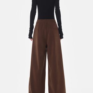 Retro Coffee-Colored High-Waisted Wide-Leg Suit Pants for Women - Thick Winter Slim-Fit Floor-Length Trousers