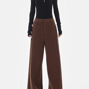 Retro Coffee-Colored High-Waisted Wide-Leg Suit Pants for Women - Thick Winter Slim-Fit Floor-Length Trousers
