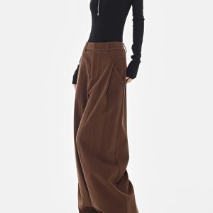 Retro Coffee-Colored High-Waisted Wide-Leg Suit Pants for Women - Thick Winter Slim-Fit Floor-Length Trousers