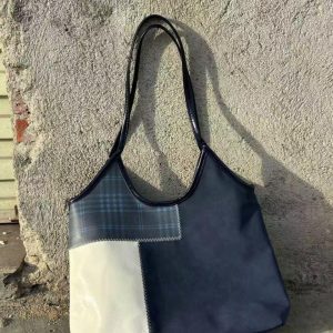 Retro College Style Color-Block Tote Bag - Large Capacity Versatile Underarm Shoulder Bag for Students and Commuters
