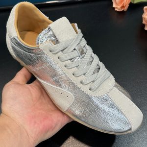 Retro Color-Blocking Genuine Leather Lace-Up Sports Shoes for Women - Silver Square-Toe Hidden Height Increase - Spring/Summer 2025