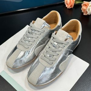 Retro Color-Blocking Genuine Leather Lace-Up Sports Shoes for Women - Silver Square-Toe Hidden Height Increase - Spring/Summer 2025
