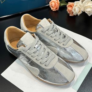 Retro Color-Blocking Genuine Leather Lace-Up Sports Shoes for Women - Silver Square-Toe Hidden Height Increase - Spring/Summer 2025