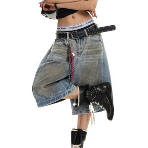 Retro Distressed Wide-Leg Denim Capri Pants for Unisex - Casual Street Style Loose Fit Shorts