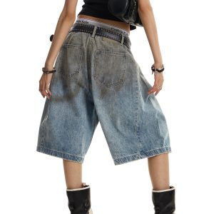 Retro Distressed Wide-Leg Denim Capri Pants for Unisex - Casual Street Style Loose Fit Shorts