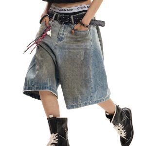 Retro Distressed Wide-Leg Denim Capri Pants for Unisex - Casual Street Style Loose Fit Shorts