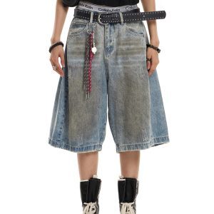 Retro Distressed Wide-Leg Denim Capri Pants for Unisex - Casual Street Style Loose Fit Shorts