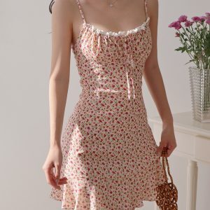 Retro Floral Cami Dress for Women - V-Neck, Tie Waist, Slimming Mini Dress for Vacation and Summer Style