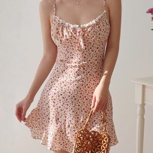 Retro Floral Cami Dress for Women - V-Neck, Tie Waist, Slimming Mini Dress for Vacation and Summer Style