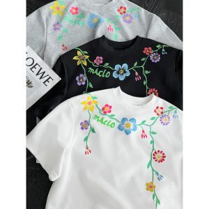 Retro Floral Print Round Neck Short Sleeve T-Shirt - High-Quality Minimalist Summer Style for 90s and Y2K Fashion