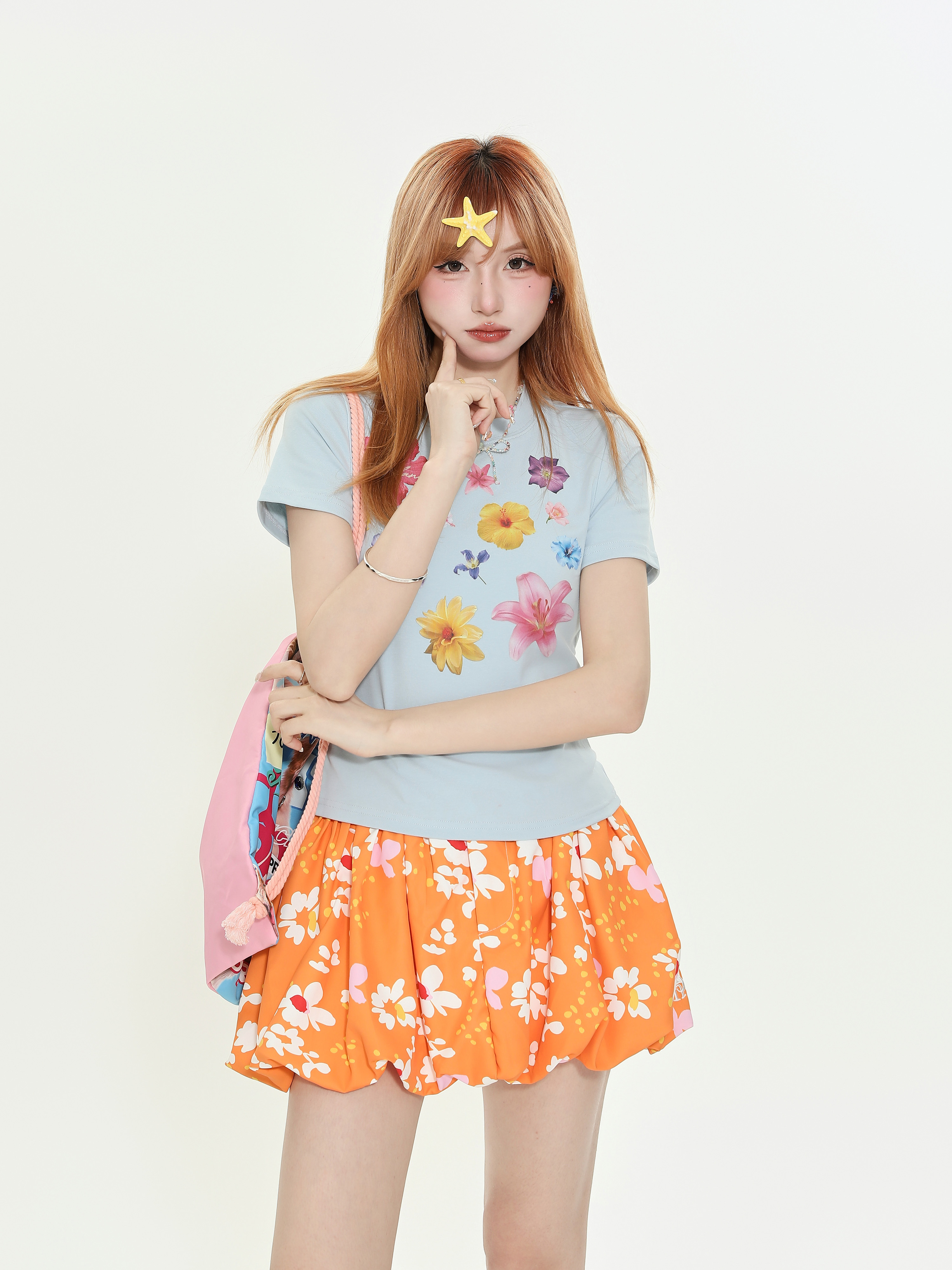 Retro Floral Print Short-Sleeve T-Shirt for Women - Summer Slim-Fit Cropped Top in American Style, Sweet and Spicy Vibes