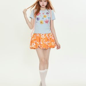 Retro Floral Print Short-Sleeve T-Shirt for Women - Summer Slim-Fit Cropped Top in American Style, Sweet and Spicy Vibes