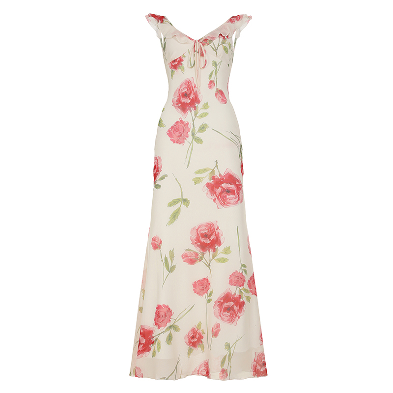 Retro Floral Ruffled V-Neck Spaghetti Strap Long Dress - Versatile Beach Style with Flowing Tulle Skirt for Island Vacation