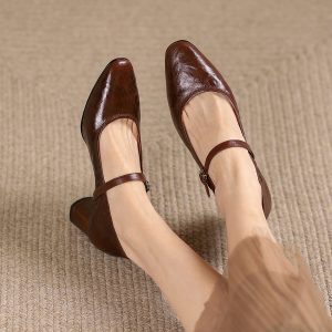Retro French Chunky Mid-Heel Mary Jane Women's Shoes in Genuine Leather – 2025 Summer Soft Leather Flats