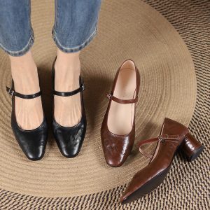 Retro French Chunky Mid-Heel Mary Jane Women's Shoes in Genuine Leather – 2025 Summer Soft Leather Flats
