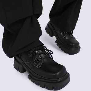 Retro Gender-Neutral Thick-Soled Black Leather Flats for Women - 2025 Spring/Summer British Style Footwear