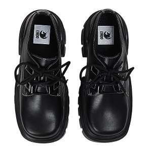 Retro Gender-Neutral Thick-Soled Black Leather Flats for Women - 2025 Spring/Summer British Style Footwear