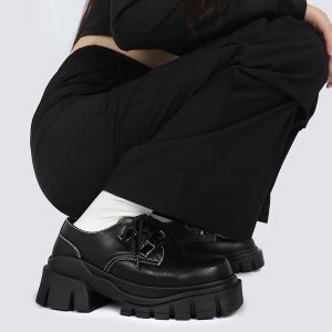 Retro Gender-Neutral Thick-Soled Black Leather Flats for Women - 2025 Spring/Summer British Style Footwear