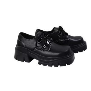 Retro Gender-Neutral Thick-Soled Black Leather Flats for Women - 2025 Spring/Summer British Style Footwear