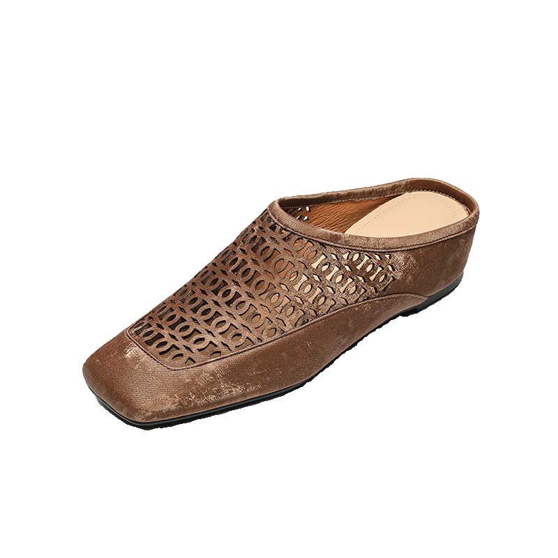 Retro Genuine Leather Square Toe Hollow Out Height-Increasing Mules for Women - Stylish Outdoor Full-Covered Sandals