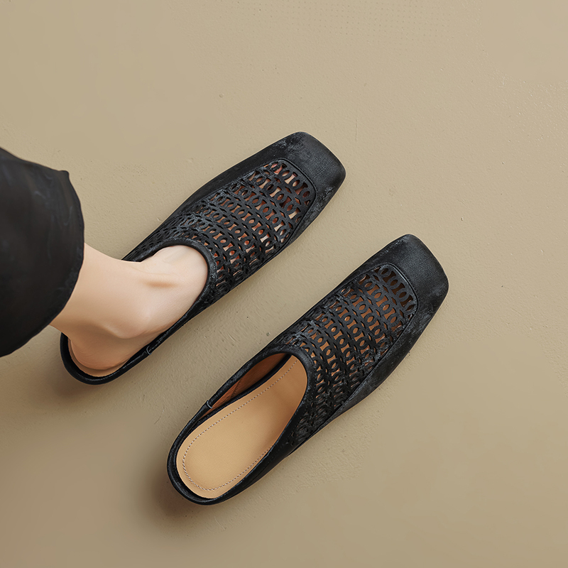Retro Genuine Leather Square Toe Hollow Out Height-Increasing Mules for Women - Stylish Outdoor Full-Covered Sandals