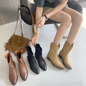 Retro Genuine Leather Western Cowboy Boots for Women - Pointed Toe Chunky Mid-Heel Slip-On V-Cut Ankle Boots - Autumn Winter 2024 Style