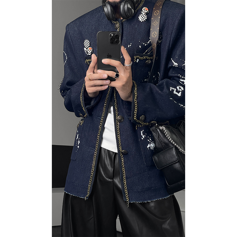 Retro Graffiti Denim Jacket Coat for Workwear - Trendy High-End Heavy-Duty Design - Autumn Fashion Essential