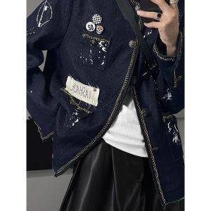 Retro Graffiti Denim Jacket Coat for Workwear - Trendy High-End Heavy-Duty Design - Autumn Fashion Essential