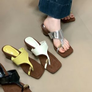 Retro High-Heeled Open-Toe Slide Sandals for Women - Summer Fashion with Silver Metal Buckle - Stylish Outdoor Footwear