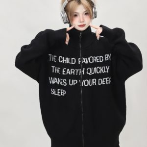 Retro High-Neck Black Knitted Cardigan for Women - Loose Slimming Sweater Coat, Autumn Winter Lazy Style