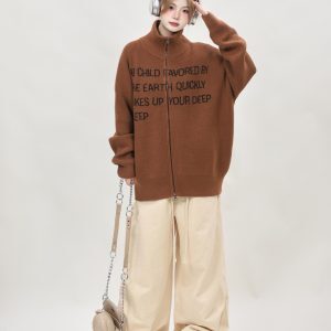 Retro High-Neck Black Knitted Cardigan for Women - Loose Slimming Sweater Coat, Autumn Winter Lazy Style