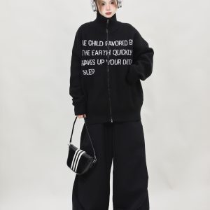 Retro High-Neck Black Knitted Cardigan for Women - Loose Slimming Sweater Coat, Autumn Winter Lazy Style