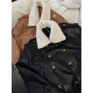 Retro High-Quality Leather Coat with Fur Collar, Versatile Button Closure Jacket for Autumn Winter Fashion
