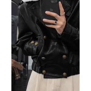 Retro High-Quality Leather Coat with Fur Collar, Versatile Button Closure Jacket for Autumn Winter Fashion