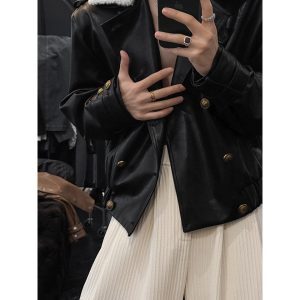 Retro High-Quality Leather Coat with Fur Collar, Versatile Button Closure Jacket for Autumn Winter Fashion