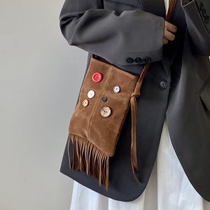 Retro Hippie Button Design Tassel Shoulder Crossbody Bag for Women – 2025 Spring/Summer Small Bag