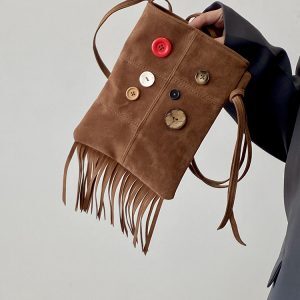 Retro Hippie Button Design Tassel Shoulder Crossbody Bag for Women – 2025 Spring/Summer Small Bag