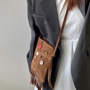 Retro Hippie Button Design Tassel Shoulder Crossbody Bag for Women – 2025 Spring/Summer Small Bag