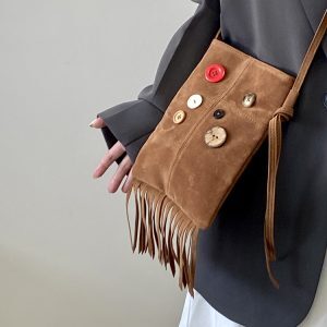 Retro Hippie Button Design Tassel Shoulder Crossbody Bag for Women – 2025 Spring/Summer Small Bag