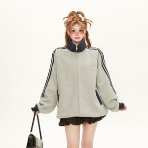 Retro Jersey-Style Zip-Up Stand Collar Jacket for Women - Spring 2025 Loose Baseball Sweatshirt Cardigan Trend